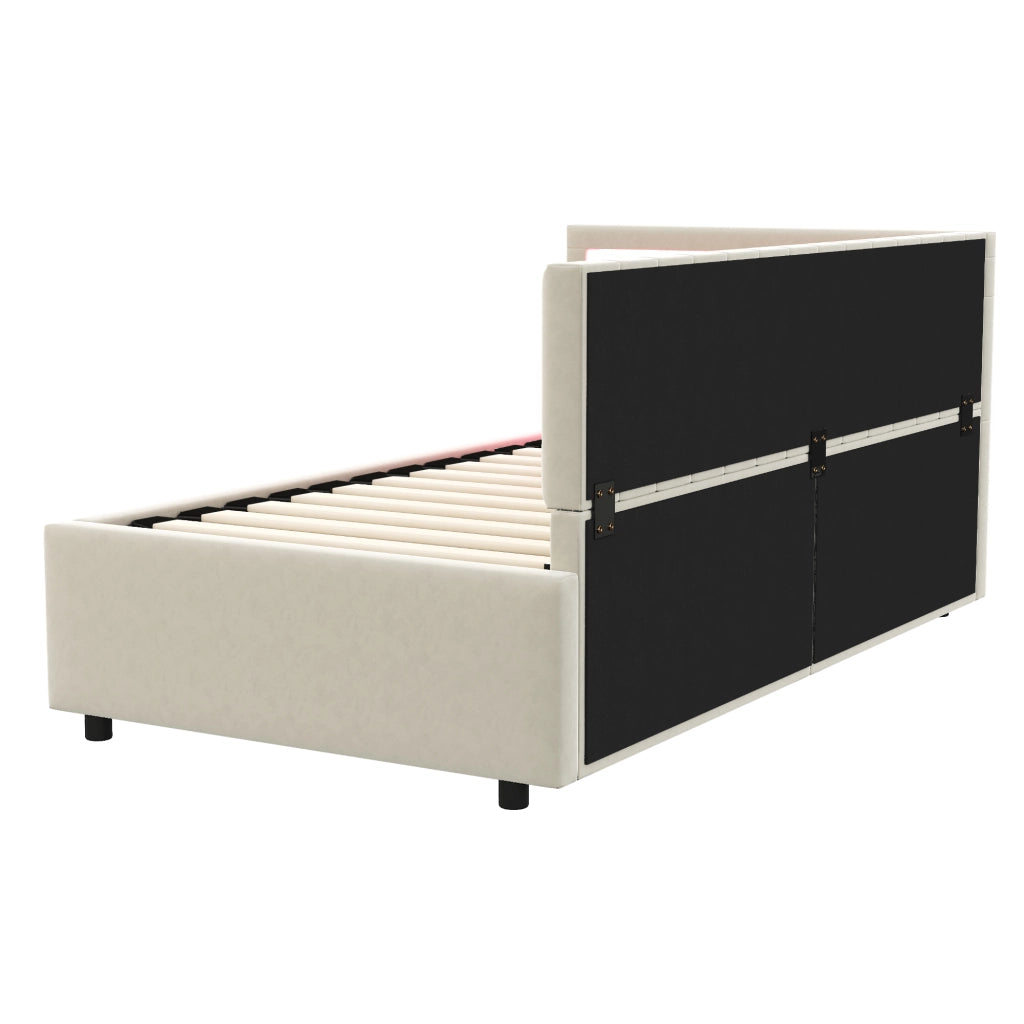 DESMIU Letto Contenitore 90 × 200 cm 1 posto con LED, vano idraulico, senza materasso, in velluto, beige