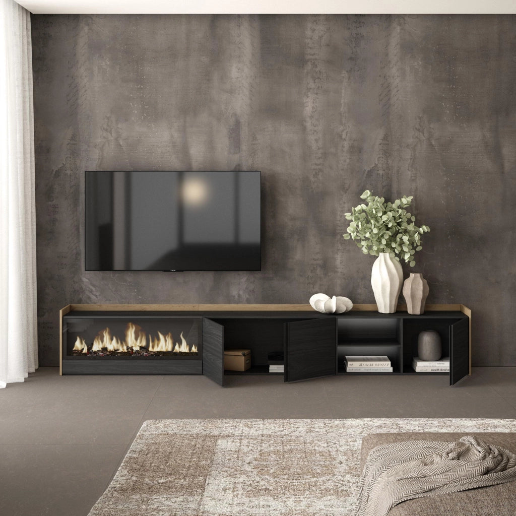 Mobile TV Soggiorno, 315x50x35 cm, Per TV fino a 80", Camino elettrico XXL, LED, Nero e rovere