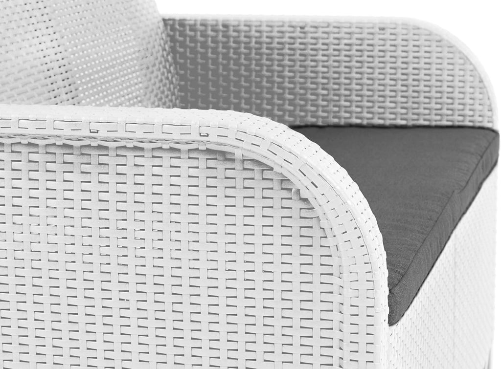 Salottino da Esterno Rosalie in Resina Effetto Rattan Colore Bianco con Divano, 2 Poltrone e Tavolino Completo di Cuscini Keter Allibert