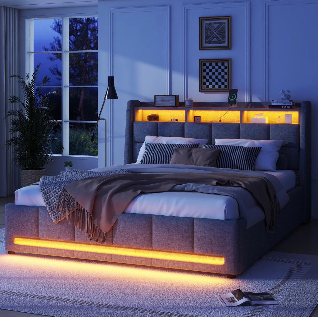 LETTO 140x200 cm con cassetti, LED e USB in lino grigio