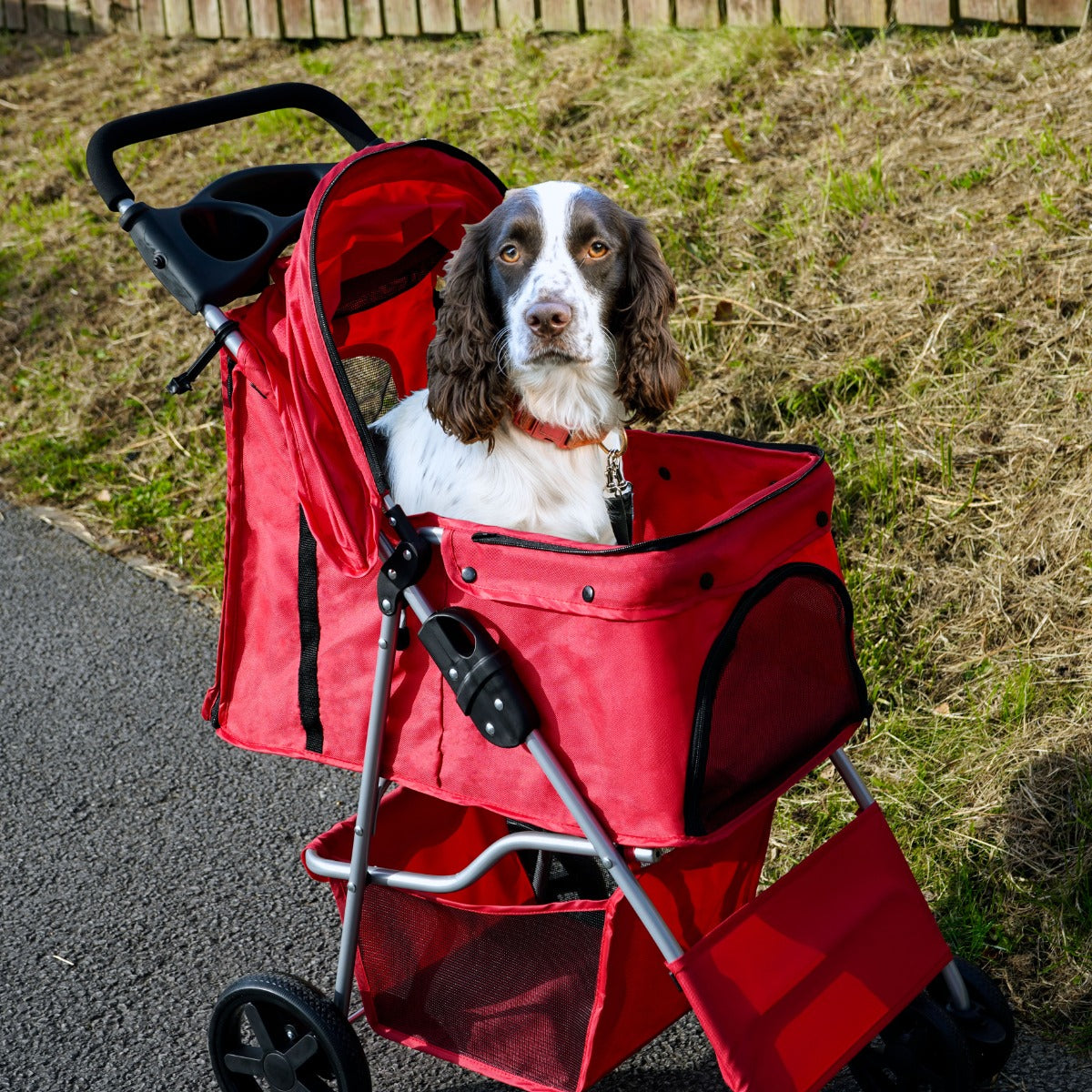 Passeggino per animali domestici Trasportino pieghevole Trolley da viaggio per gatti e cani Copertura anti-pioggia – Rosso