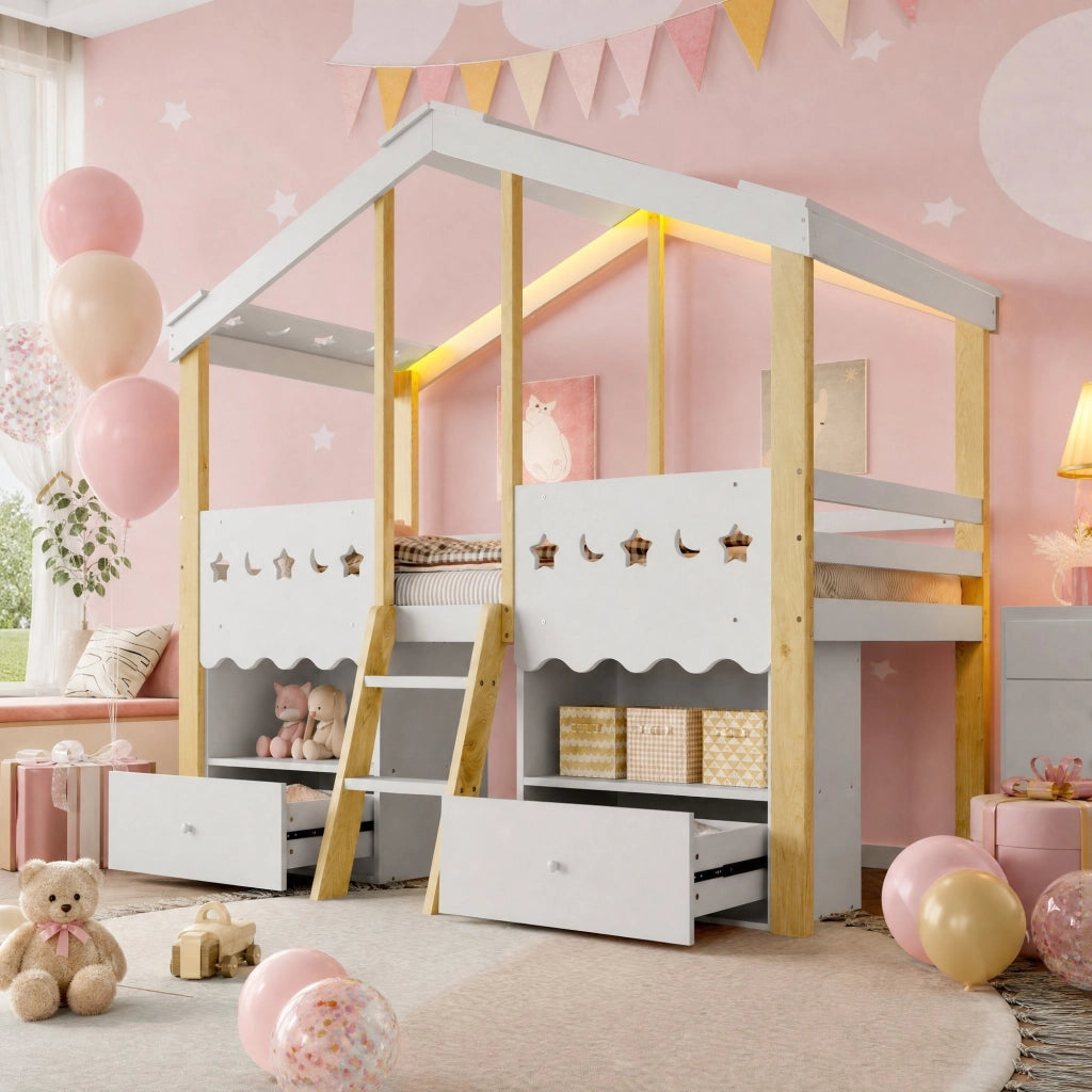 Letto semi-alto per bambini 90x200 cm a casetta con LED