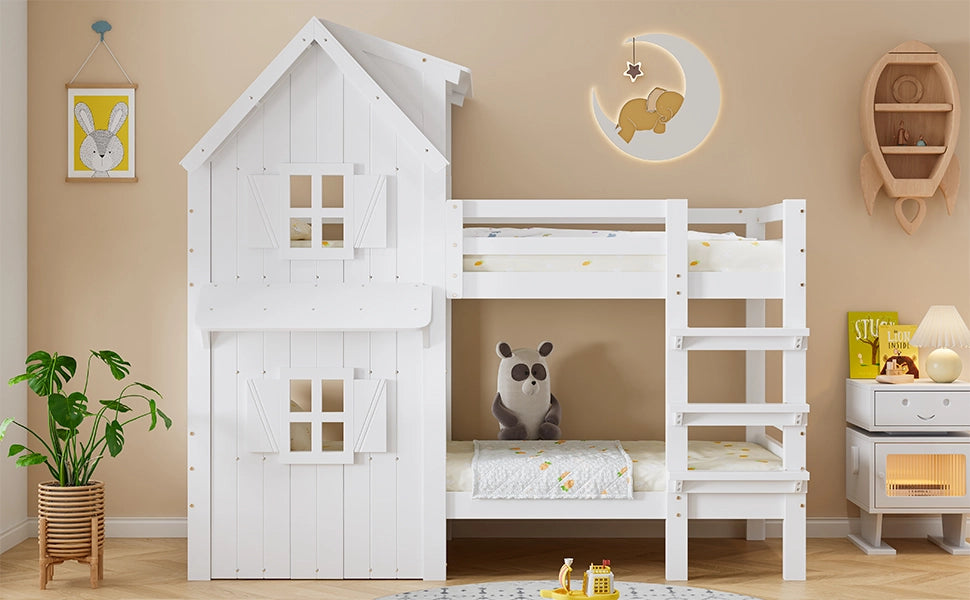 Letto a castello per bambini con finestre e scala, 90x200 cm, bianco