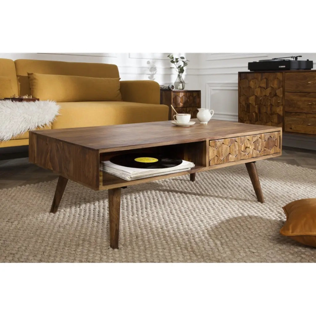 Tavolino basso SCANI 100 cm in legno di Sheesham massiccio verniciato stile scandinavo