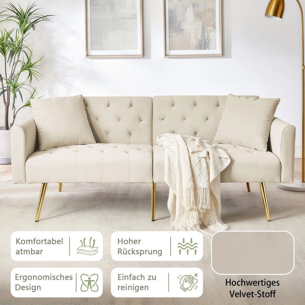 Divano letto 2 posti in velluto con schienale regolabile e 2 cuscini per soggiorno beige
