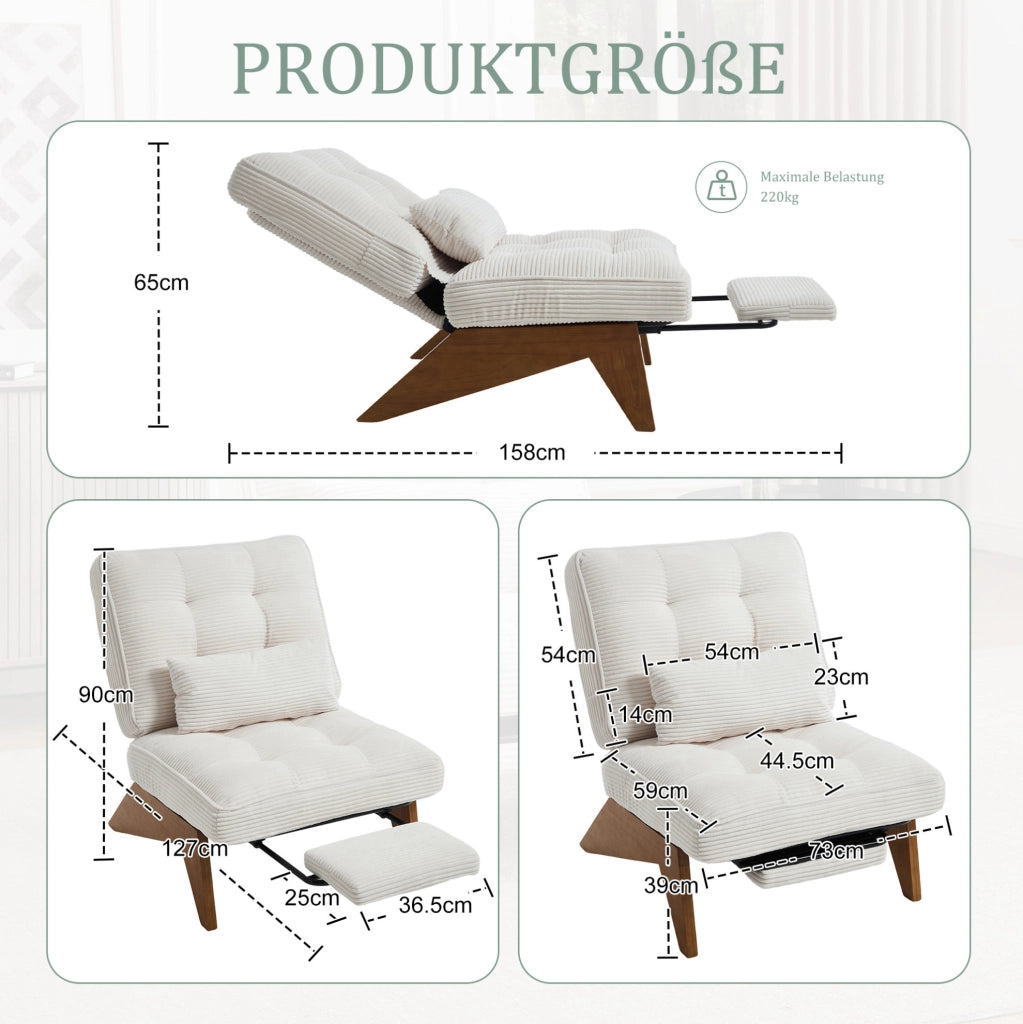 Poltrona relax reclinabile in corduroy beige con cuscino lombare e gambe in legno massello