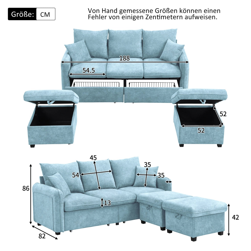 Divano angolare a U convertibile con funzione letto e contenitore, in chenille blu con pouf portaoggetti 3 pezzi