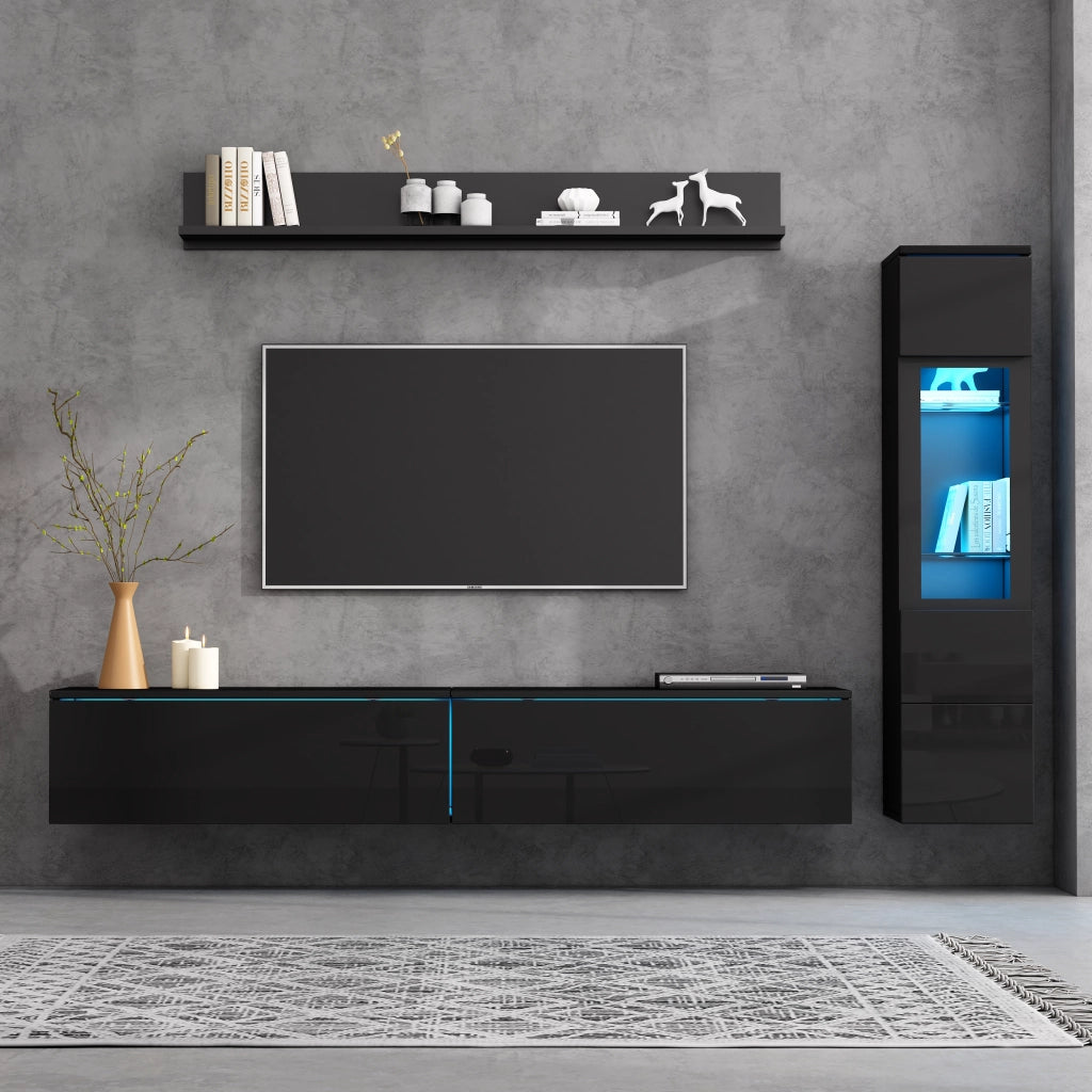 PARETE ATTREZZATA 3 pezzi con LED 180 cm Nero lucido