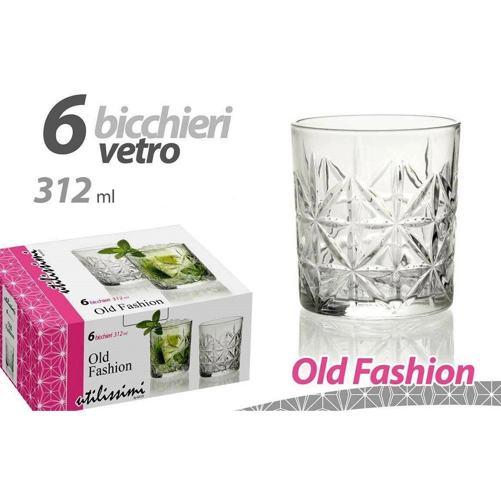 Trade Shop - Set 6 Pz Bicchieri Decoro Old Fashion Vetro Trasparente Acqua Vino 312 Ml 791222 -