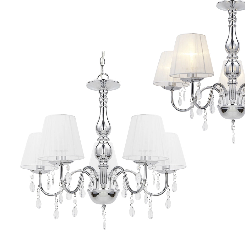 Lampada a Sospensione a 5 Bracci con Paralumi Conici e Cristalli Artificiali - Cromo / Bianco lux.pro