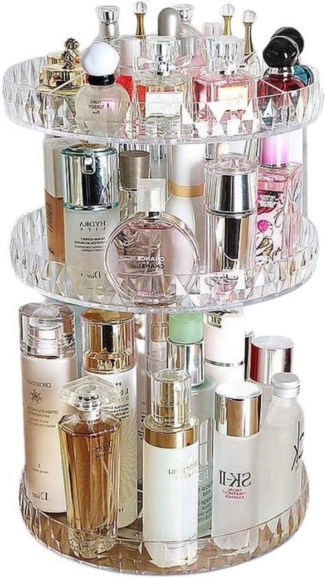 Organizzatore di trucco con rotazione 360 gradi, standard in vetro acrilato trasparente e design a cristallo.