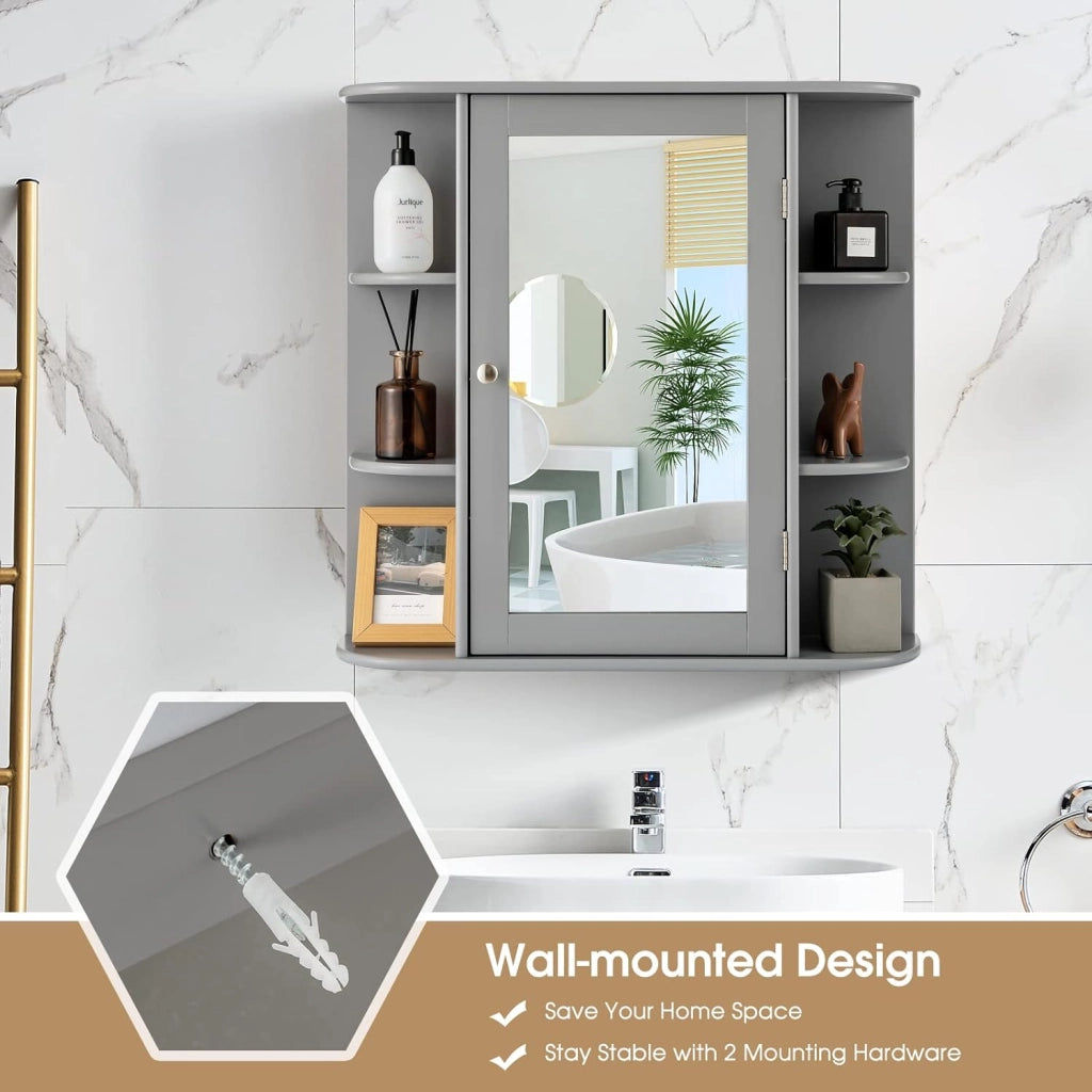 Armadietto Bagno a Parete, Mobiletto Pensile in Legno con Ante di Specchio, 6 Scomparti Laterali e 4 Ripiani di Stoccaggio, 3 Colori Disponibili, 65x17x64cm (Grigio)