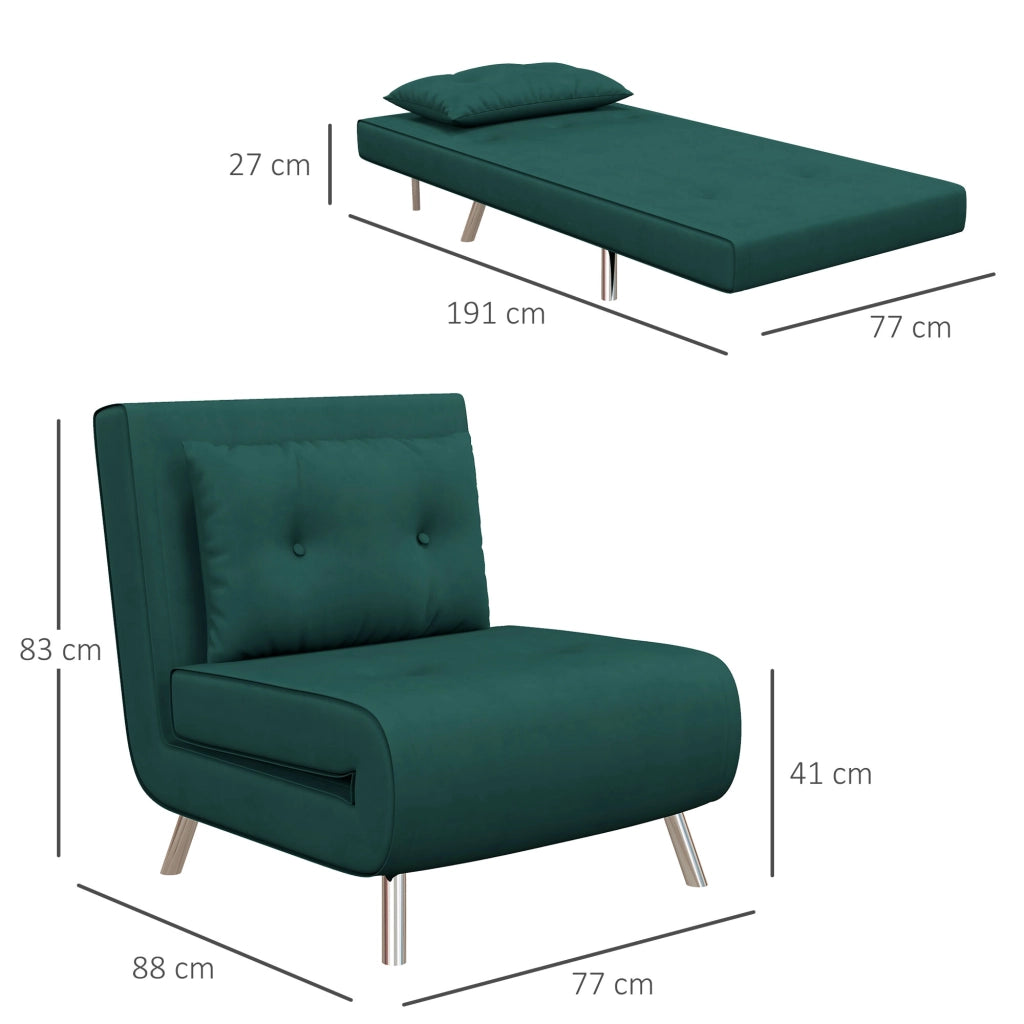 Fauteuil convertible 3 in 1 con schienale regolabile a 180° e cuscino, con gambe in acciaio, in poliestere verde scuro