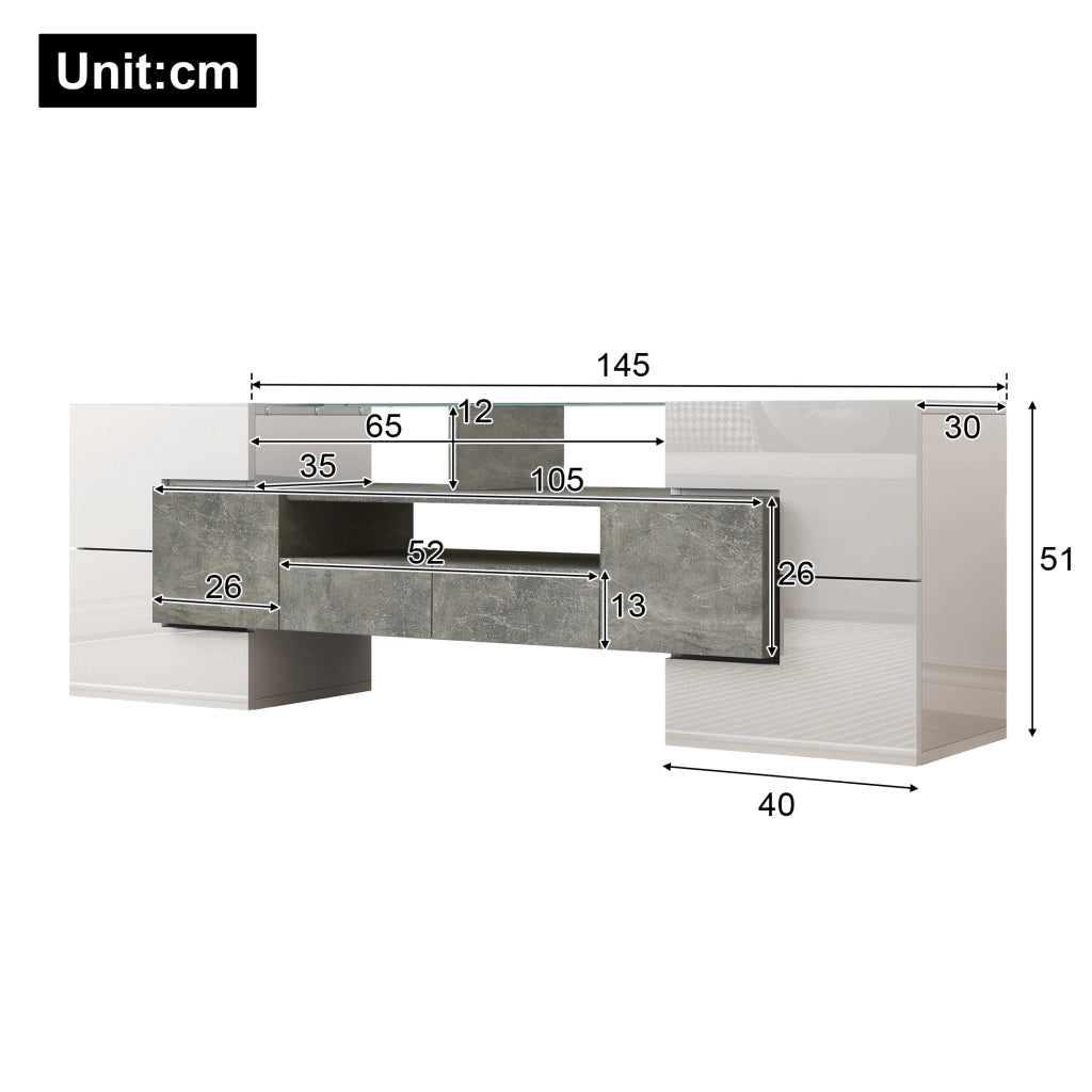 Mobile TV 145x30x51 cm con LED multicolore; 6 ante e 2 cassetti; bianco