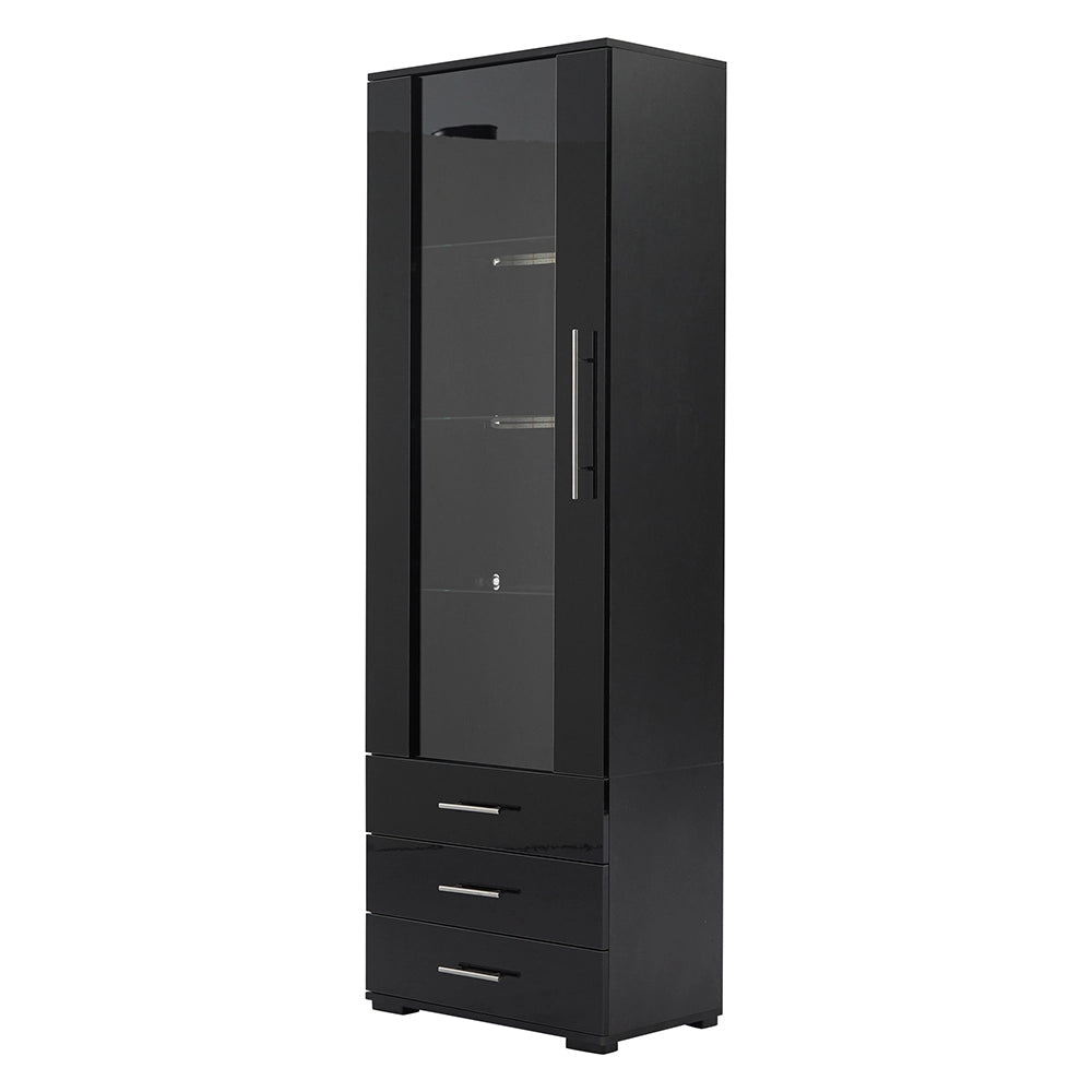 Vetrina verticale in vetro - Xylo - 60*35*180 cm - Nero brillante - LED, 3 cassetti