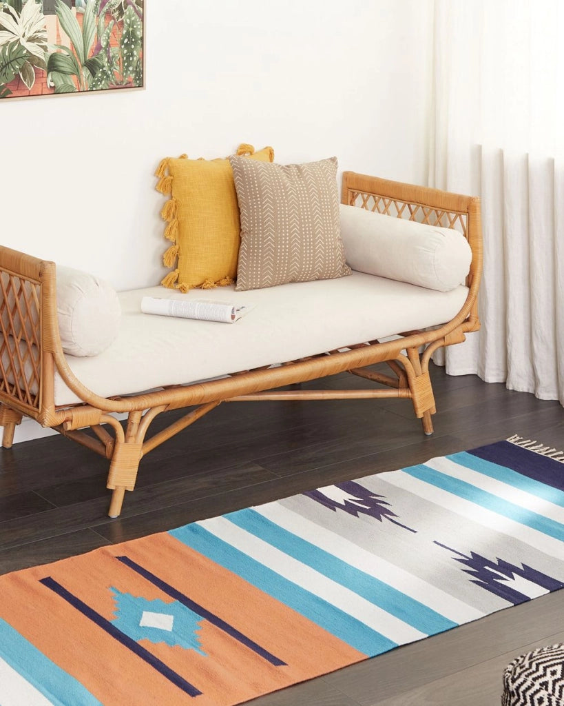 Tappeto Kilim multicolore in cotone 80 x 300 cm tessuto a mano a trama piatta reversibile con motivi geometrici e frange, tradizionale Boho, per il soggiorno e la camera da letto.