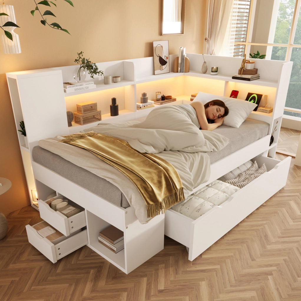 Letto una piazza con contenitore e LED 90x200 cm in legno bianco con USB e tipo C; con materasso
