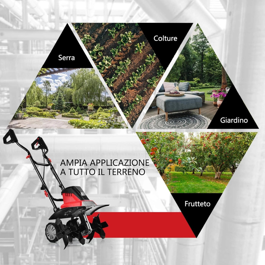 Motozappa Elettrica 1500W, Zappatrice Elettrica con Maniglia Pieghevole, Ruote Regolabili, 6 Lame, Velocità 400 PRM, Profondità 22 cm, Larghezza 43 cm (Rosso, 1500 W)