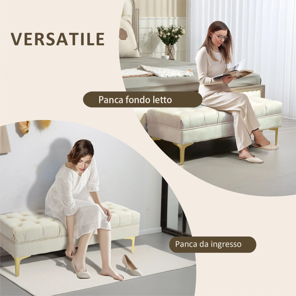 Panca Letto Imbottita in Tessuto Effetto Velluto ¨C zephmum ¨C Beige 118x45x42 cm