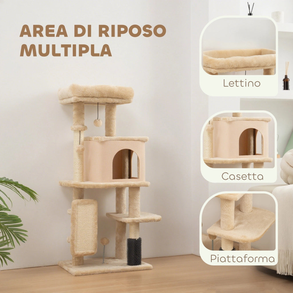 Albero per Gatti Multilivello Alto 132 cm con Casetta. Lettino. Pali Tiragraffi. Spazzola e Pallina. Beige