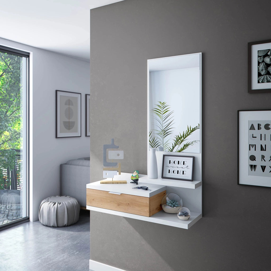 Mobile Ingresso Con Cassetto Specchio E Mensola Design Moderno Salvaspazio Ideale Per Ingresso Soggiorno Con Stile E Funzionalità 81 x 116 x 29 Cm Bianco E Rovere