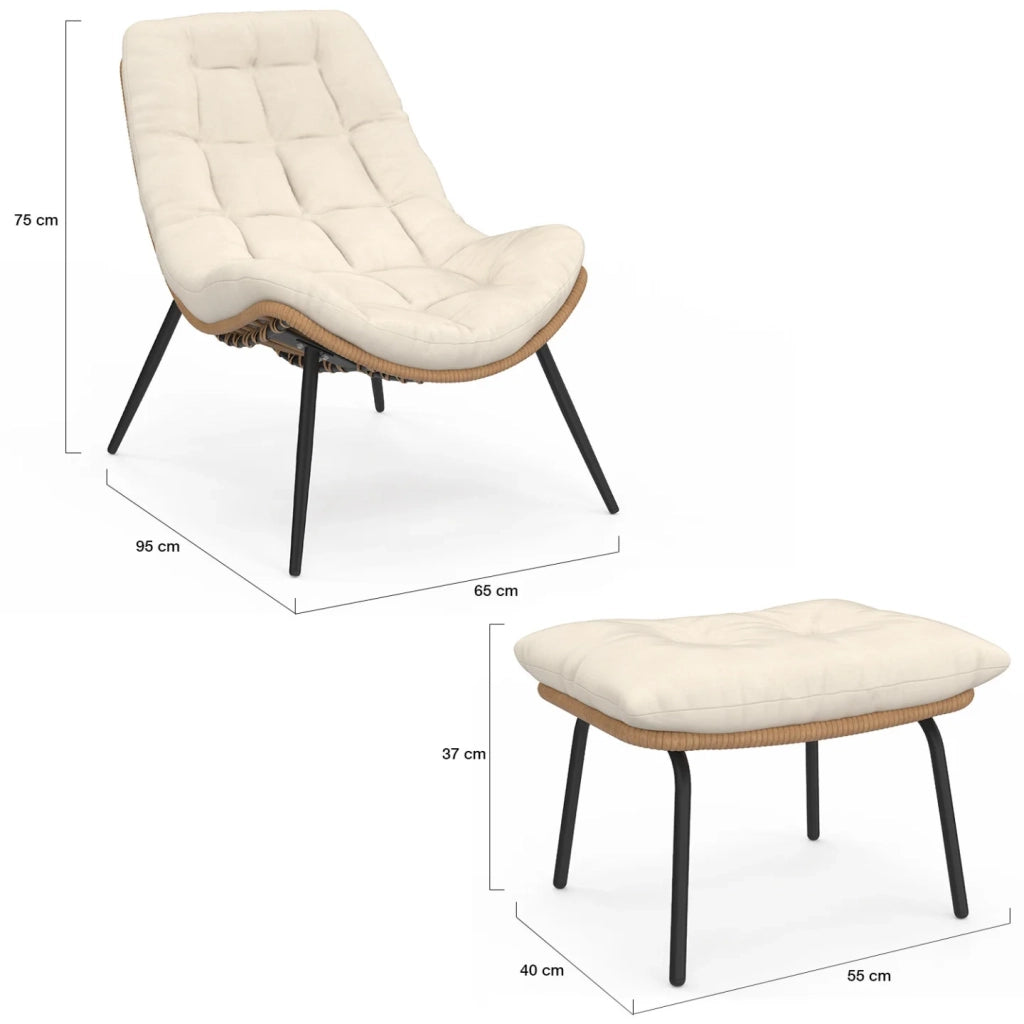 IDMarket - Set di 2 poltrone reclinabili LOA in rattan con cuscini ecrù e poggiapiedi