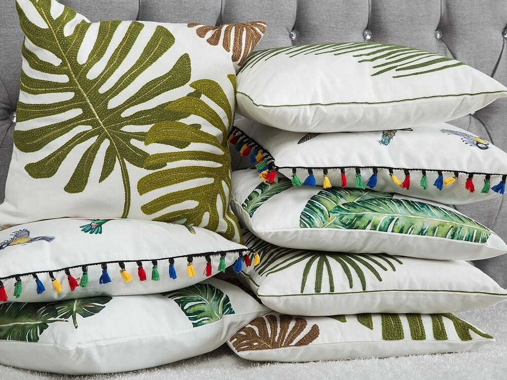 Set di 2 cuscini decorativi motivo foglia verde 45 x 45 cm accessori decorativi con stampa motivo tropicale