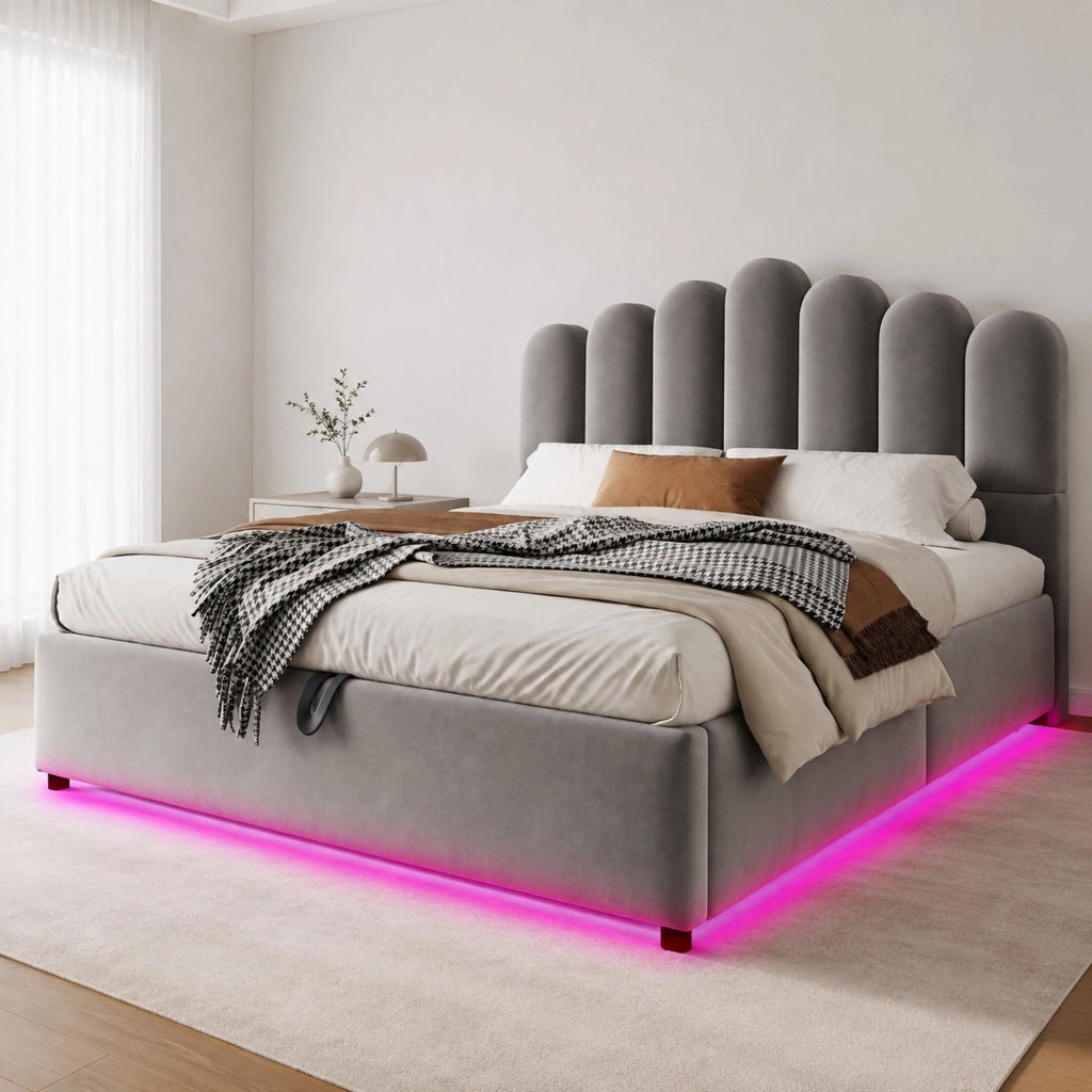 Letto contenitore matrimoniale 140×200 cm con LED e testiera imbottita; senza materasso; velluto; grigio