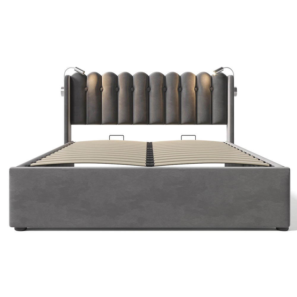 Letto a cassone imbottito - Xylo - 160x200 cm - Grigio - Con funzione di carico e due luci da lettura