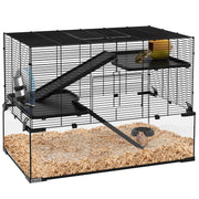 GABBIA PER CRICETI A 3 LIVELLI CON BASE IN VETRO TEMPERATO, RUOTA E ACCESSORI, 76.5X48.5X54.5 CM, NERO