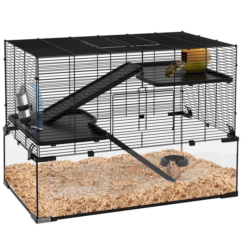 GABBIA PER CRICETI A 3 LIVELLI CON BASE IN VETRO TEMPERATO, RUOTA E ACCESSORI, 76.5X48.5X54.5 CM, NERO