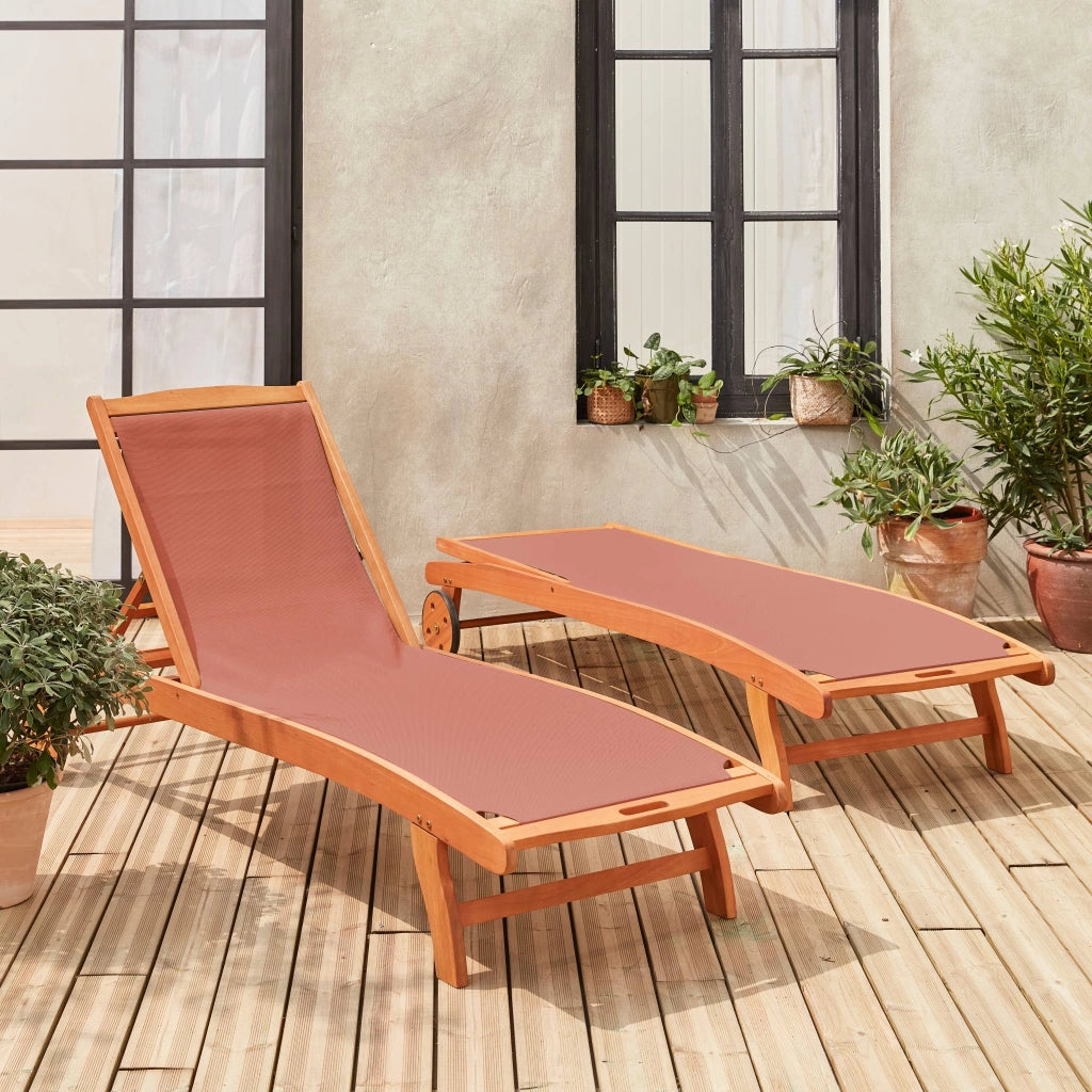 Set 2 lettini prendisole in legno multiposizione con ruote, terracotta