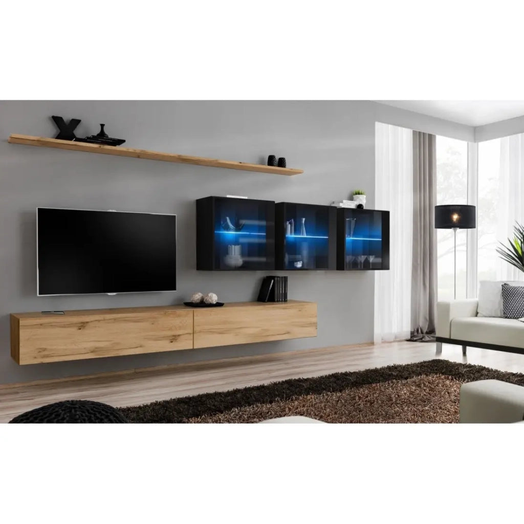 Set di mobili da soggiorno da parete SWITCH XVII design, colori rovere Wotan e nero lucido.