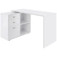 Scrivania Angolare per PC con 2 Cassetti e Ripiani Aperti, Scrivania ad Angolo Forma a L in Legno e Metallo, 117x83.5x76 cm, Bianco
