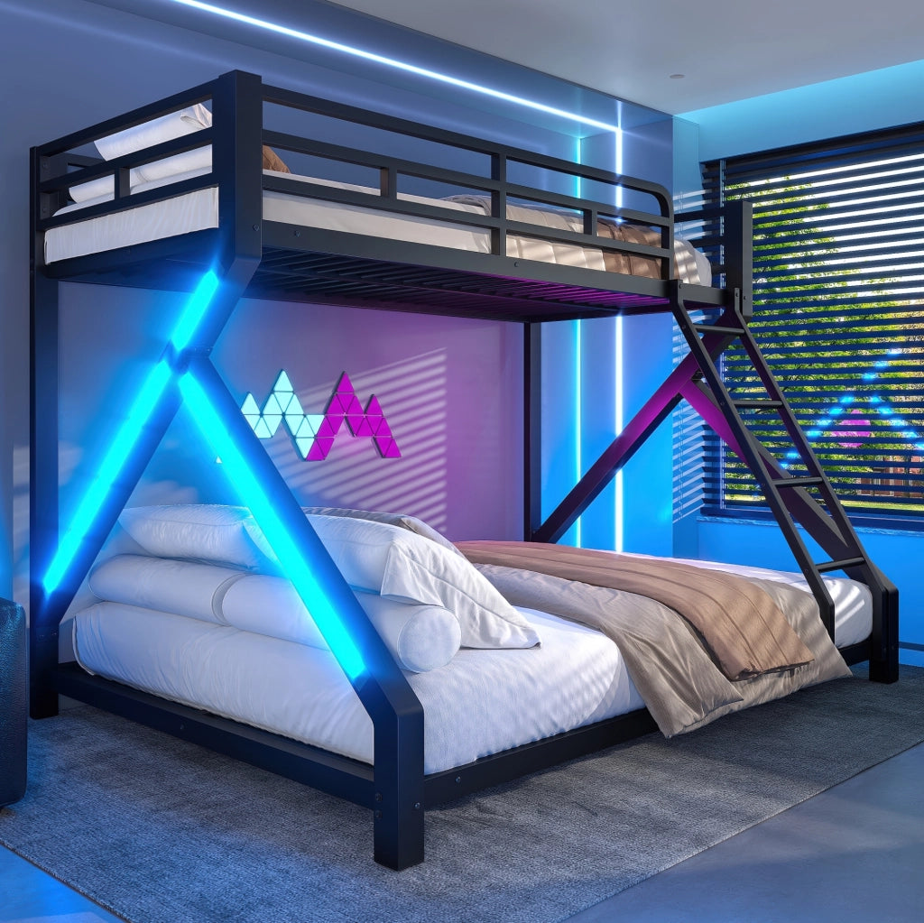 Letto a castello in metallo con LED; misure 90x200 cm e 140x200 cm; nero