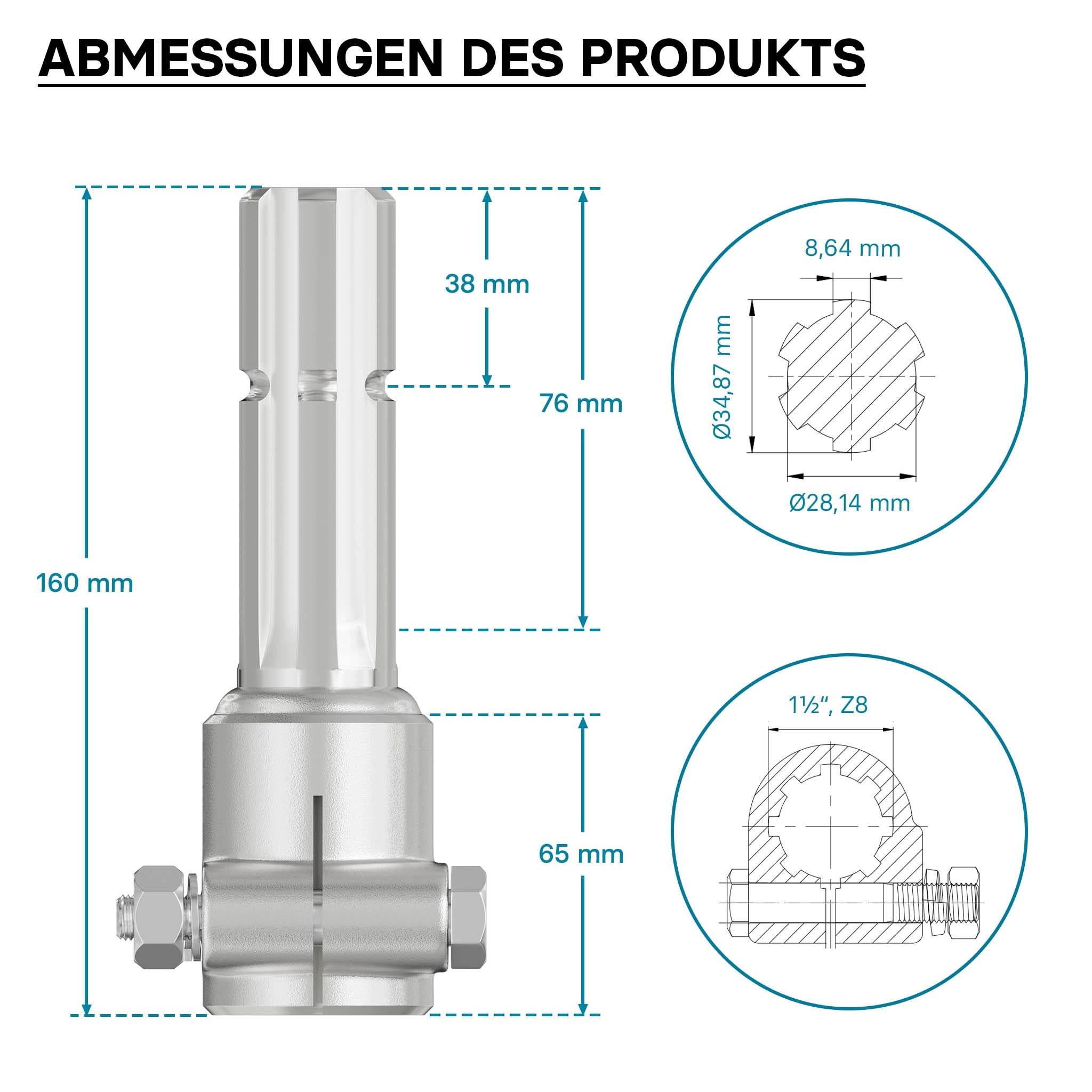 Boccola albero cardanico 160 mm Attacco albero scanalato 8-32x38x6 per albero uscita 1 3/8" 6D