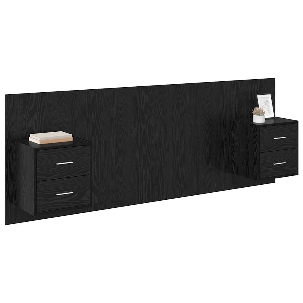 Testata con Comodino 3 pz-Set di 3 Testiera con Contenitore Rovere Nero Legno multistrato 121056