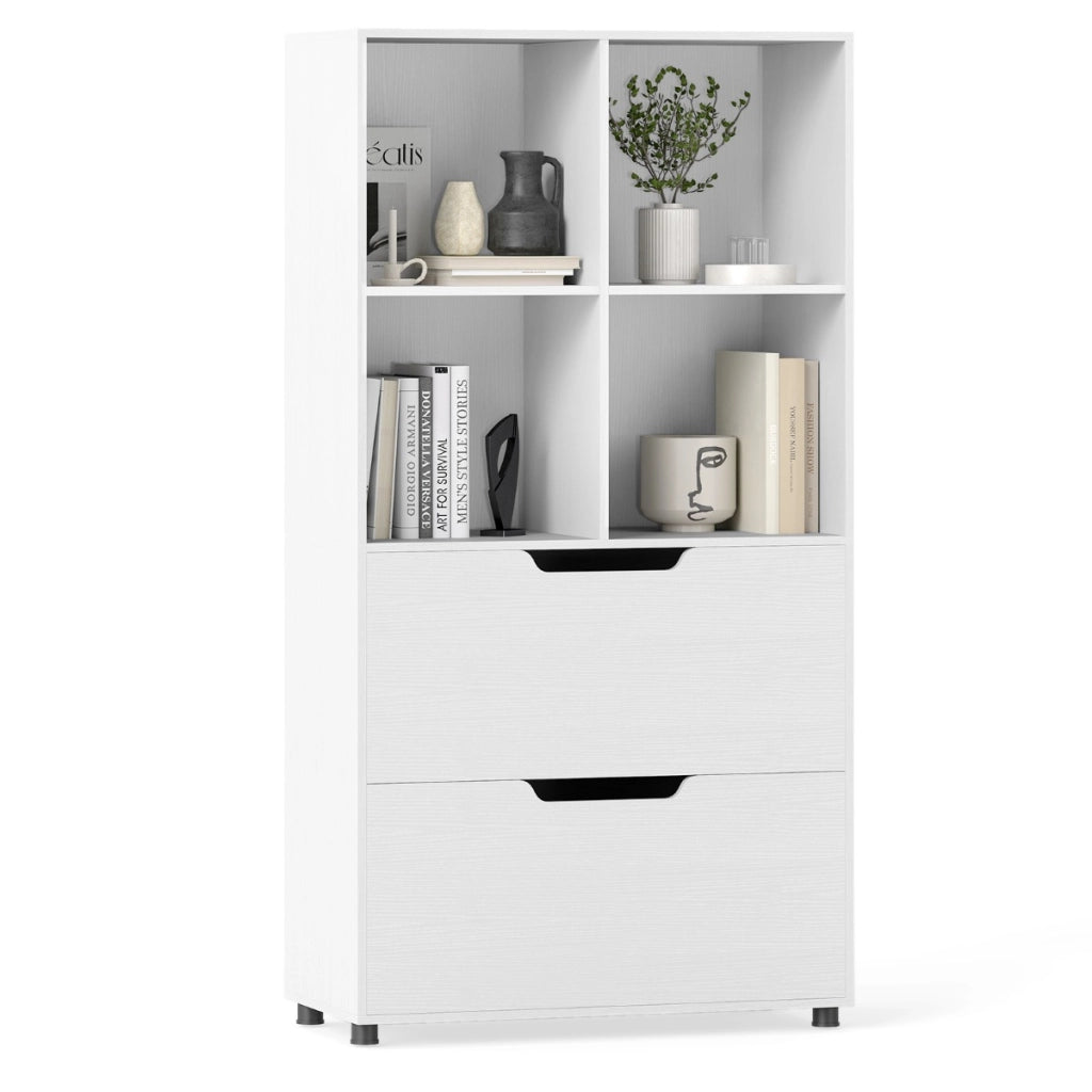 Libreria a 4 cubi con 2 cassetti scaffale alto a 5 ripiani da 130 cm, Libreria moderna a cubi aperti per soggiorno Bianco-Librerie