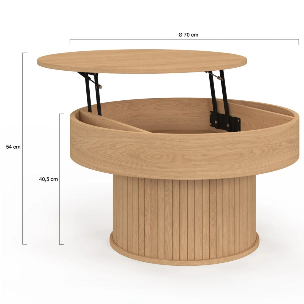 IDMarket - Tavolino rotondo alzabile JULIETTE 70 cm con doghe in legno color rovere