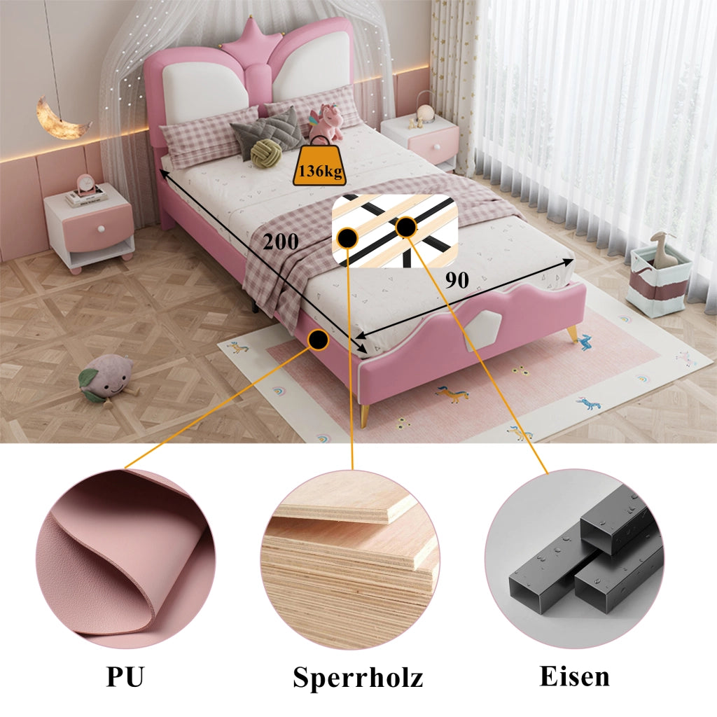 Letto per Bambini 90x200 cm; Singolo - Testiera a Corona e Bordi Imbottiti - PU - Rosa