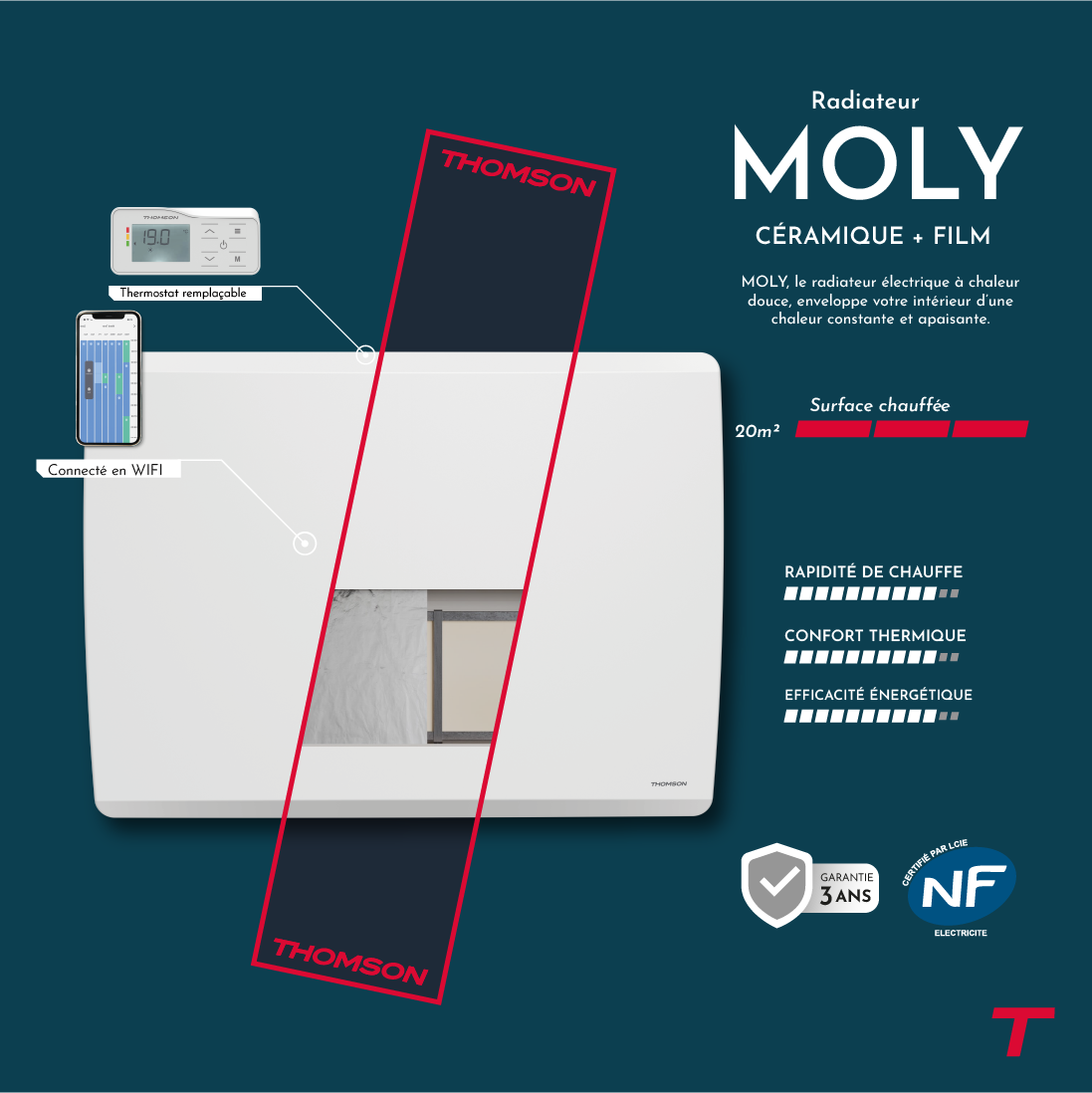 Radiatore elettrico Thomson WiFi con ceramica secca e inerzia a film, termostato intercambiabile, molibdeno da 2000 W
