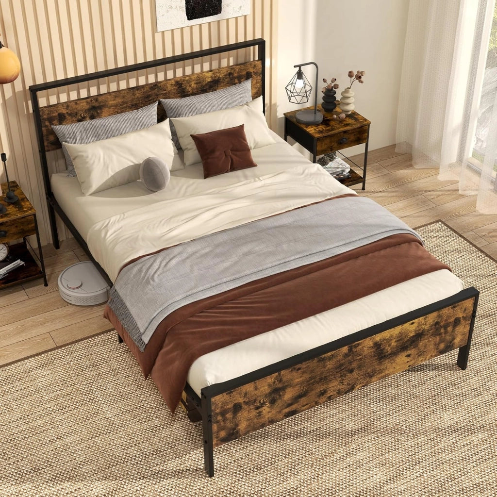 Struttura Letto Matrimoniale 200 x 140 cm, con Pediera e Testiera in Legno Industriale, Telaio da Letto con Doghe in Metallo Robusto, Carico Massimo 360 kg