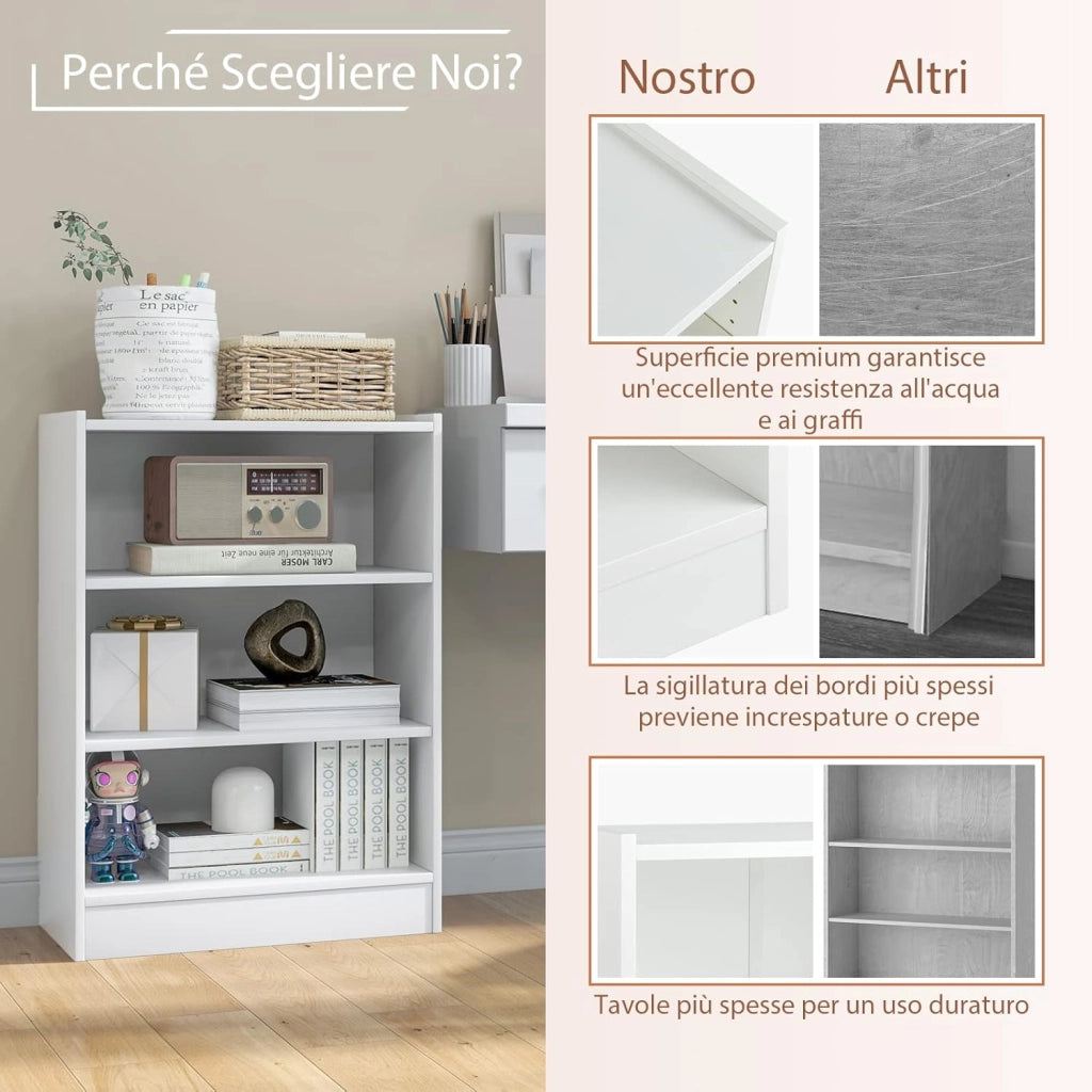 Libreria a 3 Piani, Scaffale Multifunzionale con Ripiani Regolabili e Dispositivo Antiribaltamento, per Soggiorno, Camera da Letto, Studio, 50 x 30 x 75 cm (Bianco)
