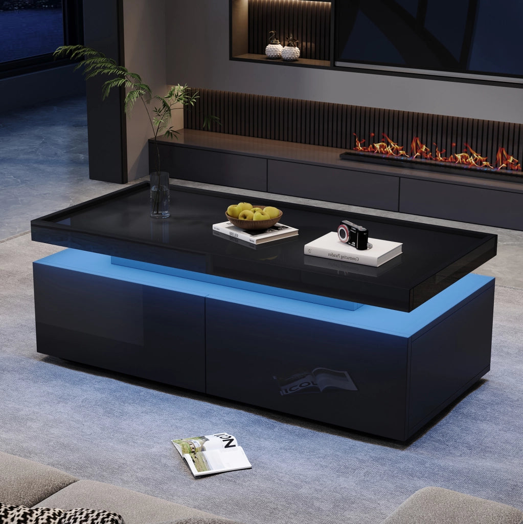 Tavolino da salotto moderno 95x45x35 cm nero lucido con LED; 2 cassetti e ripiano aperto