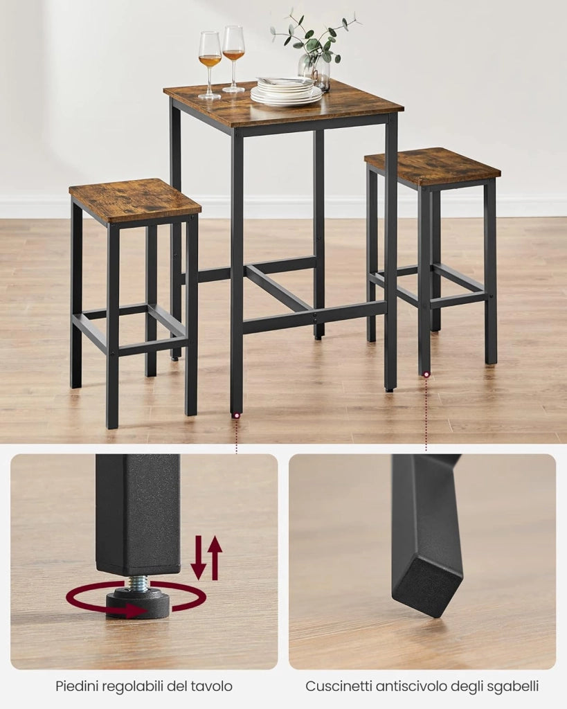 VASAGLE Tavolo Bar con 2 Sgabelli, Cucina Piccolo 60 x 60 x 90 cm, Ogni Sedia di 30 x 40 x 65 cm, Sala da Pranzo, Industriale, Marrone Vintage e Nero LBT017B01