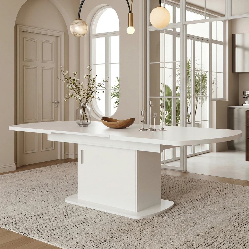 Tavolo da pranzo allungabile ovale con vani contenitore e ante, per sala da pranzo e cucina, in truciolare, bianco