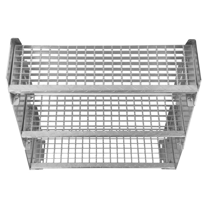 Scala in metallo a 2 livelli regolabile in altezza 60 cm di larghezza Acciaio zincato argento 2 gradini regolabili Griglia resistente alle intemperie Spessore asta 5 mm Kit di fissaggio GRATUITO