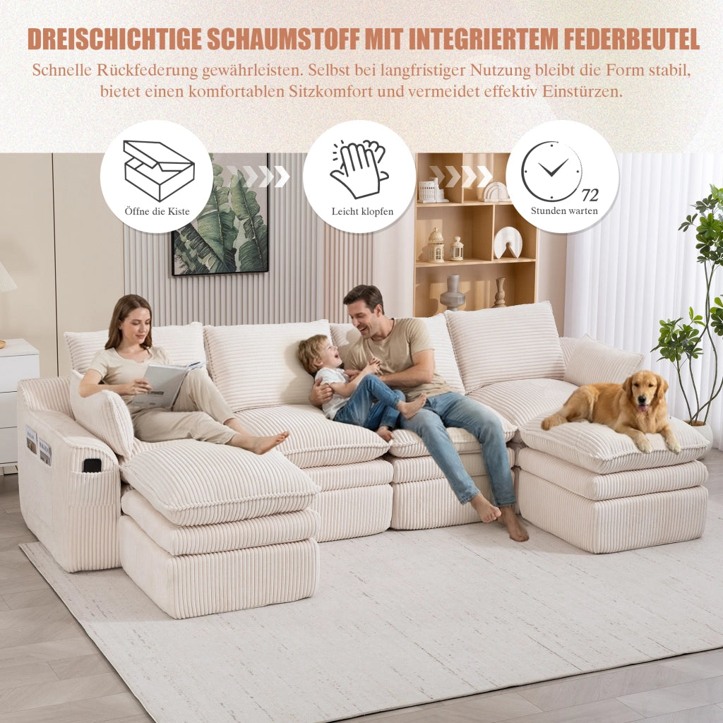 Divano modulare 4 posti con tasche laterali e cuscini; configurazione flessibile; in corduroy beige