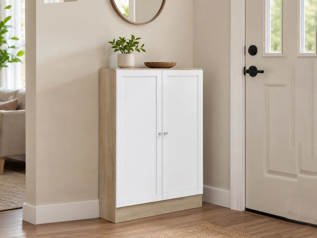 Scarpiera Sanba, Mobile portascarpe, Armadio da ingresso multiuso, Mobiletto per calzature, 79x28 h107 cm, Quercia e Bianco