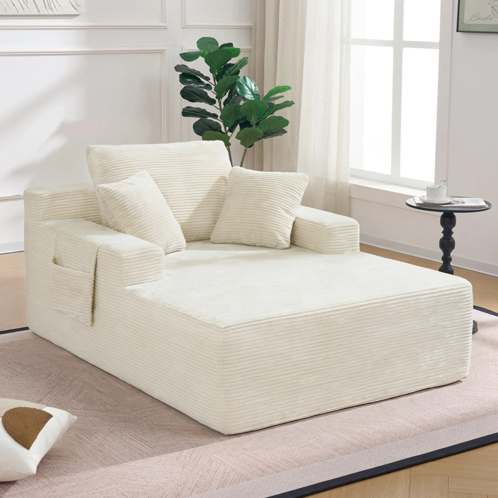 Divano in corduroy beige con tasche laterali e cuscini